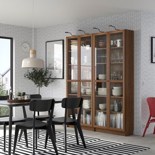 IKEA Комбинация стеллажей со стеклянными дверцами, коричневый орех BILLY / OXBERG, 394.835.30 39483530 фото