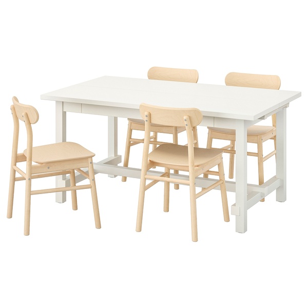 IKEA NORDVIKEN / RONNINGE (ИКЕА NORDVIKEN / RÖNNINGE), Стол и 4 стула, белый, береза, 152/223x95 см, 893.051.68 89305168 фото