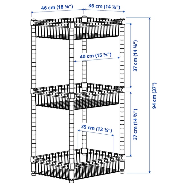 IKEA OMAR (ІKEA ОМАР), Полку з 3 кошиками, оцинкована, 46 x 36 x 94 см, 104.830.74 10483074 фото