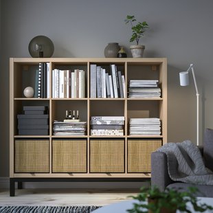 IKEA KALLAX (ІKEA КАЛЛАКС), Книжкова шафа з опорною рамою, під вибілений дуб/чорний, 147x129 см, 994.427.11 99442711 фото