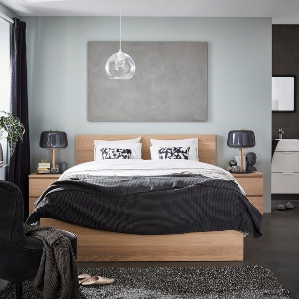 IKEA Каркас кровати, высокий, дубовый шпон, беленый/Лёнсет MALM, 791.750.68 79175068 фото