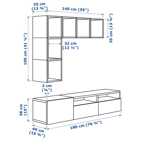 IKEA BESTA / EKET (ІKEA БЕСТА/ЭКЕТ), Комбинация тумбы под ТВ, белый/орех, 180x42x170 см, 594.908.03 59490803 фото