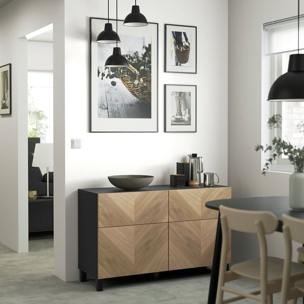IKEA Комбінація стелажів з дверцятами/шухлядами, чорно-коричневий/шпон дуба Хедевікен/Стуббарп BEST&Aring;, 594.402.24 59440224 фото