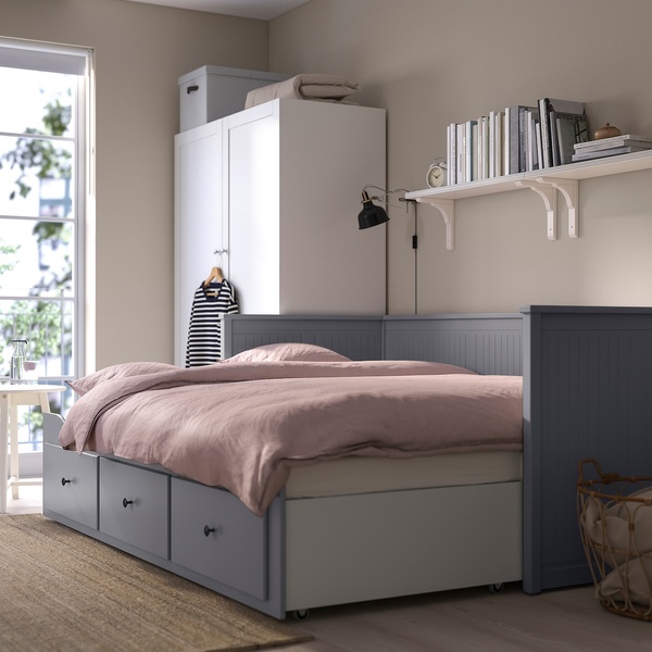 IKEA HEMNES (ИКЕА ХЕМНЭС), Кушетка с 3 ящиками, 2 матрасами, серый/фирма Åfjäll, 80x200 см, 795.214.79 79521479 фото