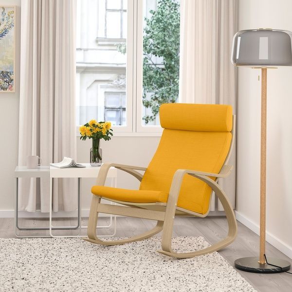 IKEA Кресло-качалка, дубовый шпон, беленый/Скифтебо желтый PO&Auml;NG, 193.958.60 19395860 фото