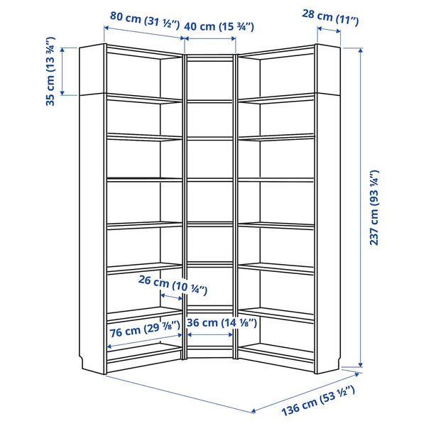 IKEA BILLY (ІKEA БИЛЛИ), Кутова комбінована книжкова шафа з надставками, біла, 136/136x28x237 см, 294.858.36 29485836 фото