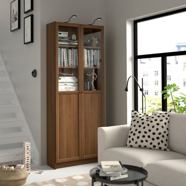 IKEA Книжный шкаф, пара филенчатых/стеклянных дверей, коричневый орех BILLY / OXBERG, 694.833.26 69483326 фото