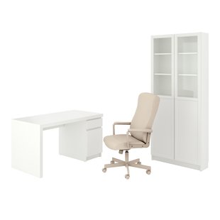 IKEA MALM/MILLBERGET/BILLY/OXBERG (ІKEA МАЛЬМ/МИЛЛБЕРГЕТ/БИЛЛИ/ОКСБЕРГ), Комбінація столу/шафи і обертового стільця білого/бежевого кольору, 794.363.77 79436377 фото