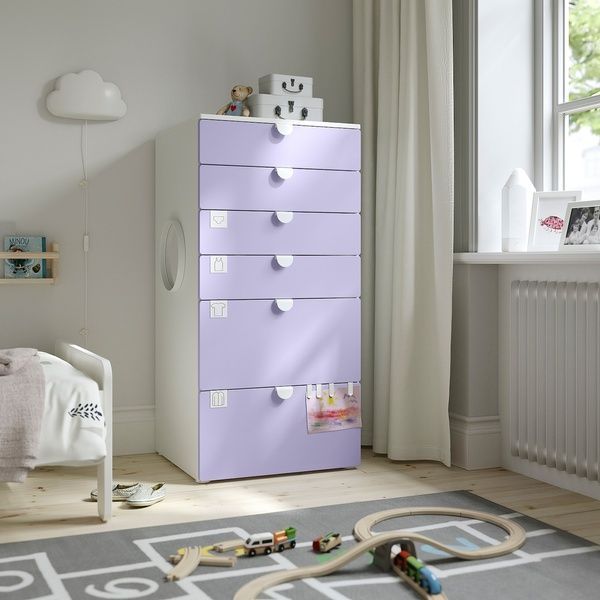 IKEA Комод, 6 ящиков, белый/сиреневый SM&Aring;STAD / PLATSA, 295.453.31 29545331 фото