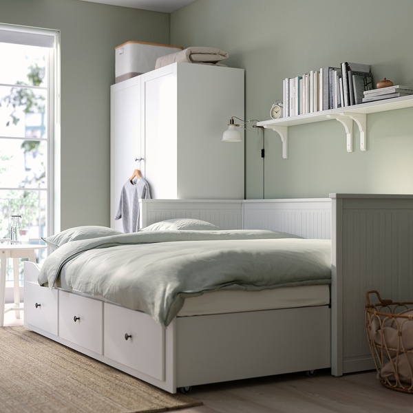 IKEA HEMNES (ИКЕА ХЕМНЭС), Кушетка с 3 ящиками, 2 матрасами, белый/твердый Аготнес, 80x200 см, 794.281.17 79428117 фото