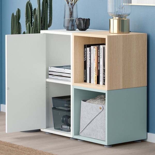 IKEA Комбінація шаф на ніжках, білий/дуб морений, світло-сіро-блакитний ефект EKET, 095.493.87 09549387 фото